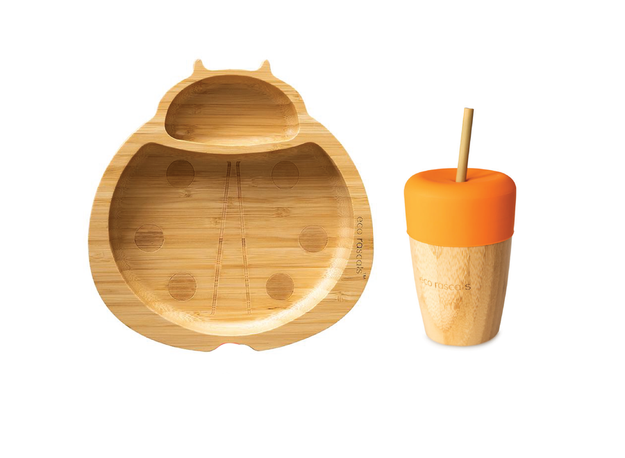 Bamboo plate Ladybug & cup with straw - Multi color