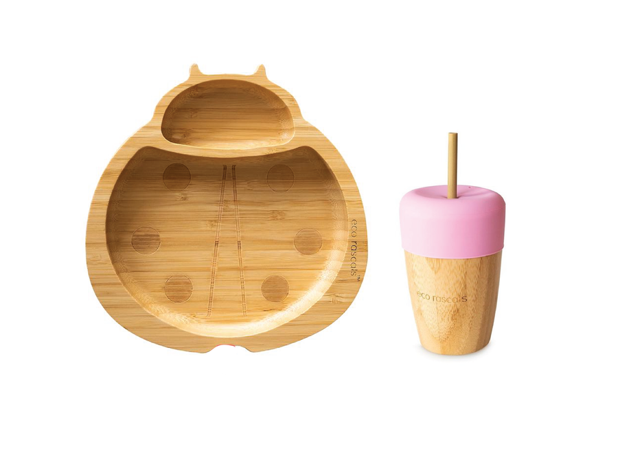 Bamboo plate Ladybug & cup with straw - Multi color