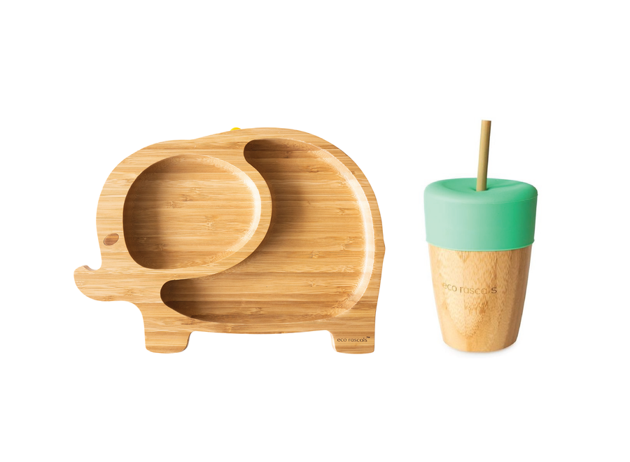 Bamboo plate Elephant & cup with straw - Multi color