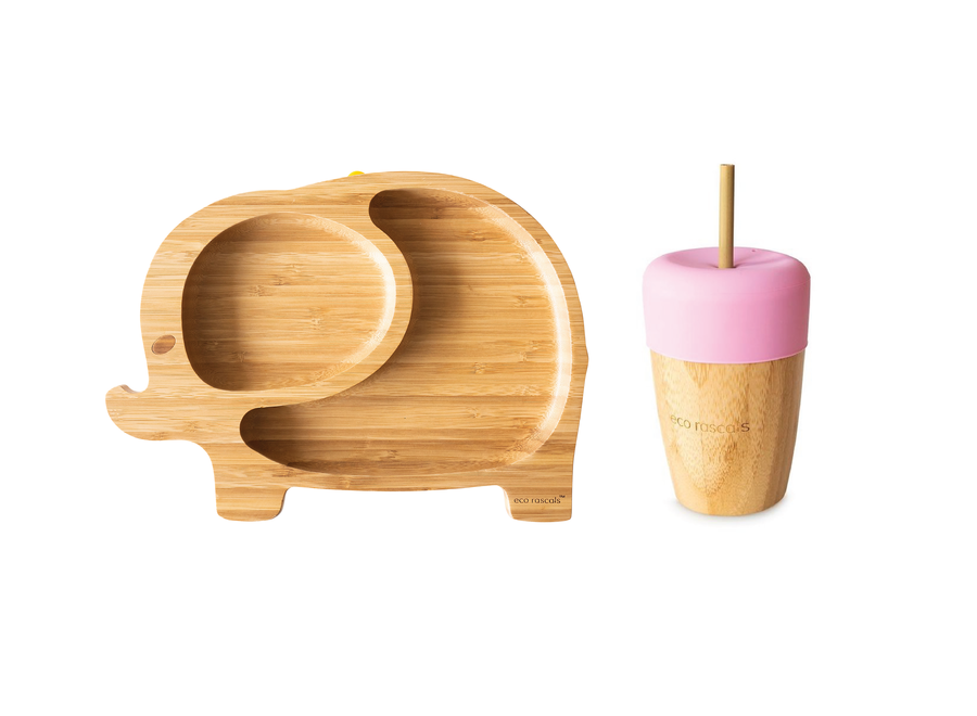 Eco Rascals - bambus Bord Olifant & Becher mit Strohhalm - Multicolor - Nachhaltiges Bambusgeschirr - Mit Silikon-Saugfuß