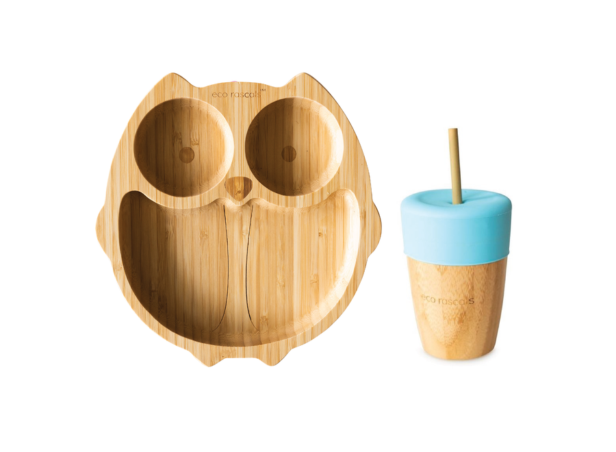 Assiette en bambou Hibou & tasse avec paille - Multicolore | Idéal pour les enfants | Matériaux écologiques