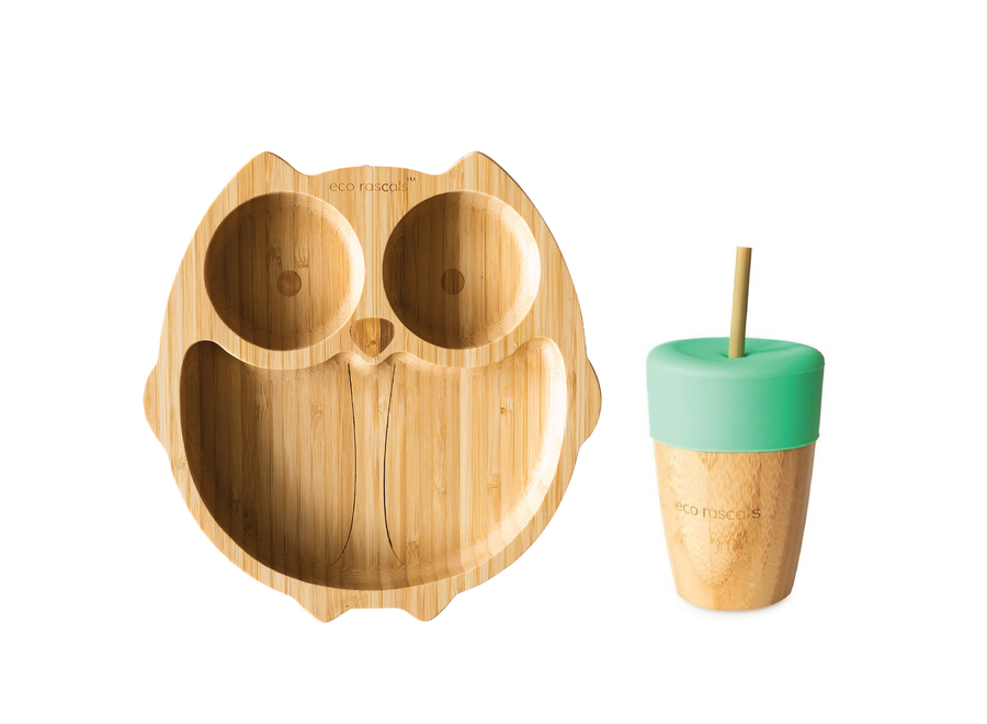 Assiette en bambou Hibou & tasse avec paille - Multicolore | Idéal pour les enfants | Matériaux écologiques