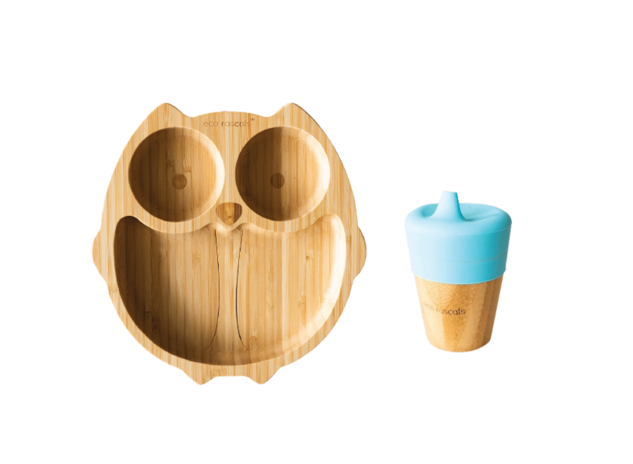 Bamboo plate owl & spout cup - Multi color