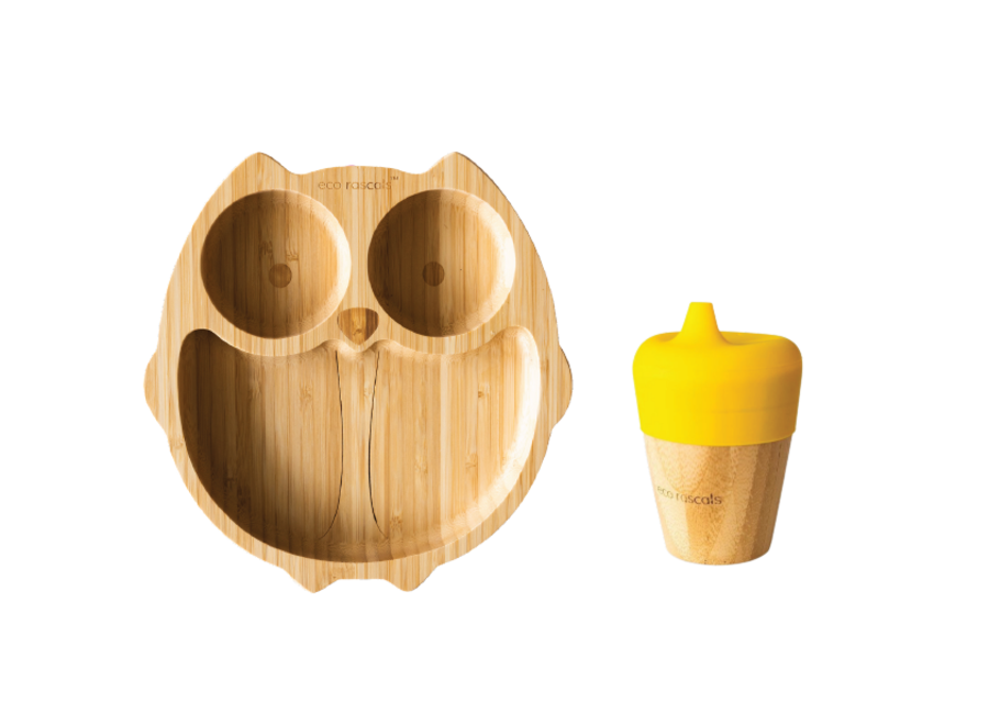 Bamboo plate owl & spout cup - Multi color