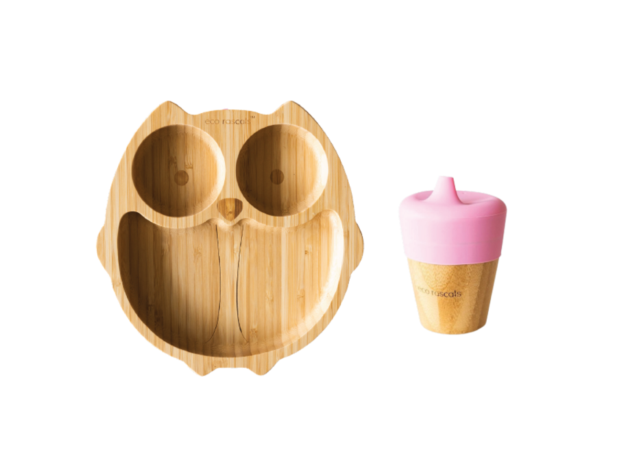 Bamboo plate owl & spout cup - Multi color