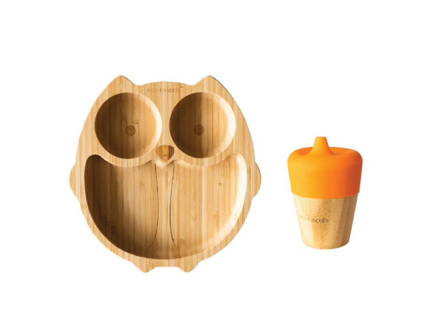 Bamboo plate owl & spout cup - Multi color