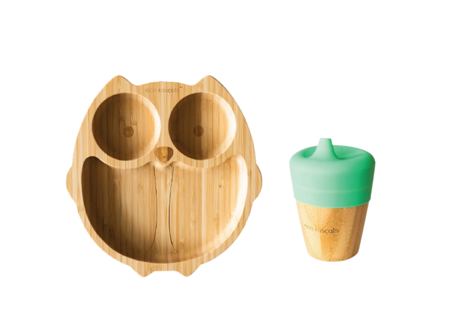 Bamboo plate owl & spout cup - Multi color