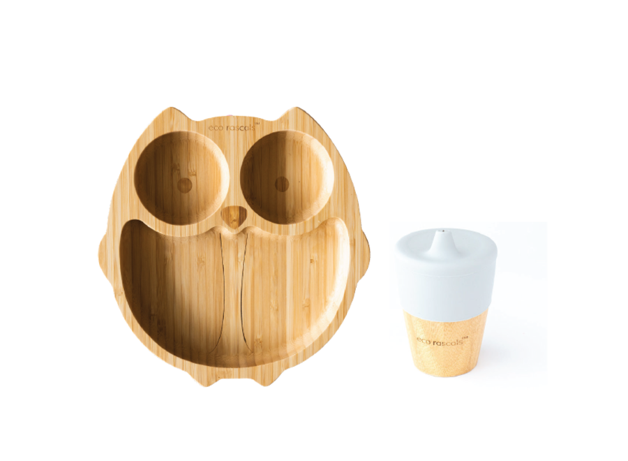 Bamboo plate owl & spout cup - Multi color