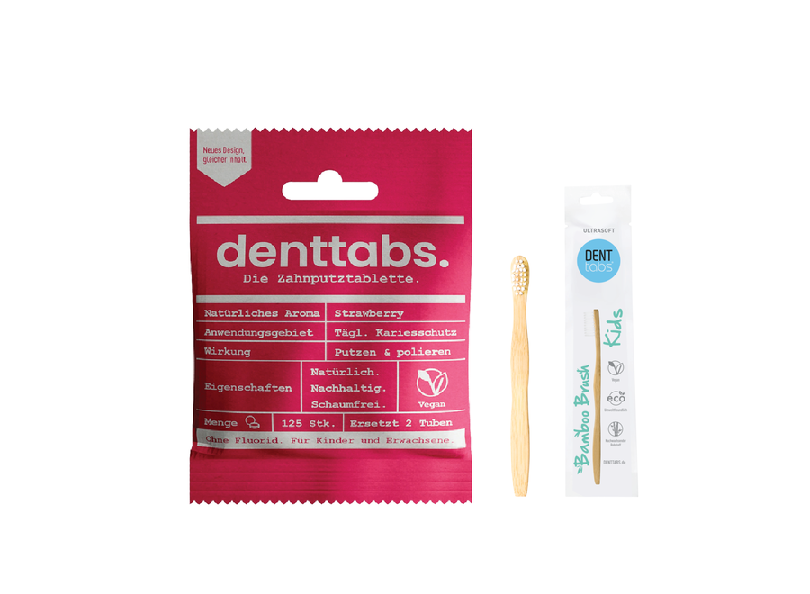 Toothpaste tablets Kids - Strawberry - without fluoride + Toothbrush for children - Extra soft - Bamboo