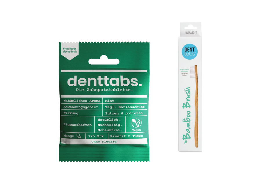 Comprimés de dentifrice - Menthe - Avec fluor + Brosses à dents en bambou - Extra douce