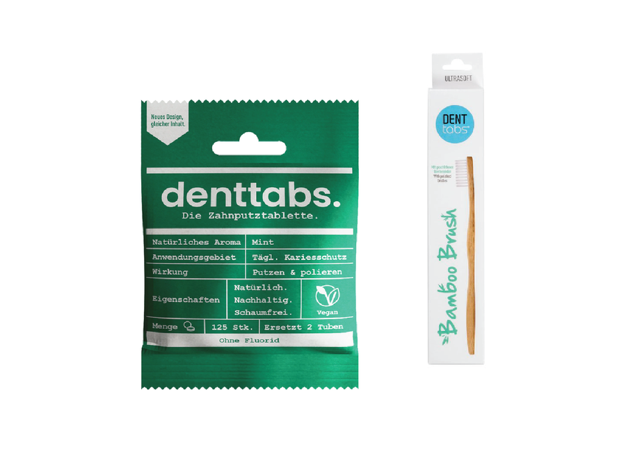 Toothpaste tablets - Mint - With fluoride + Toothbrushes with polished bristles - Bamboo - Extra soft