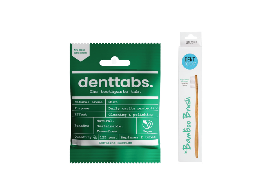 DENTTABS - Tandpastatabletten - Mint - ohne Fluorid + Zahnbürste - Bambus - Extra weich - 100% plastikfrei - Kompostierbare Verpackung