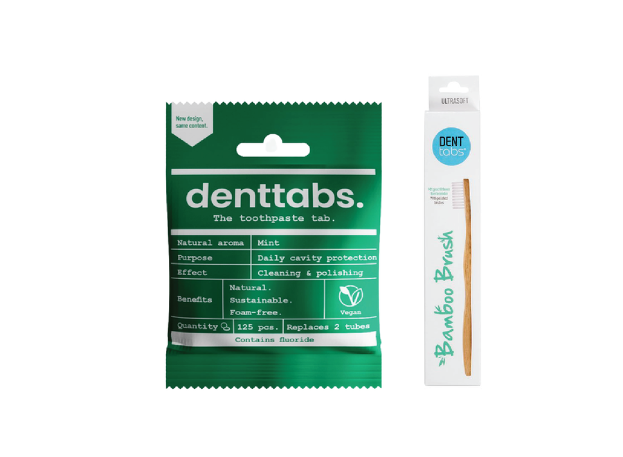 Toothpaste tablets - Mint - without fluoride + Toothbrush with polished bristles - Bamboo - Extra soft