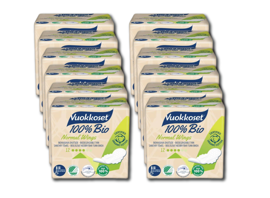 Value package - Vuokkoset normal sanitary pads with wings - 100% organic - 12x12 pieces