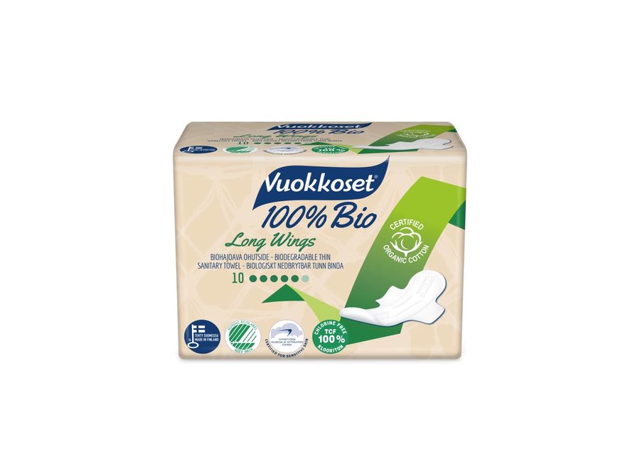 Emballage économique - Serviettes hygiéniques Vuokkoset extra longues avec ailes - 100% biologiques 12x10 pcs