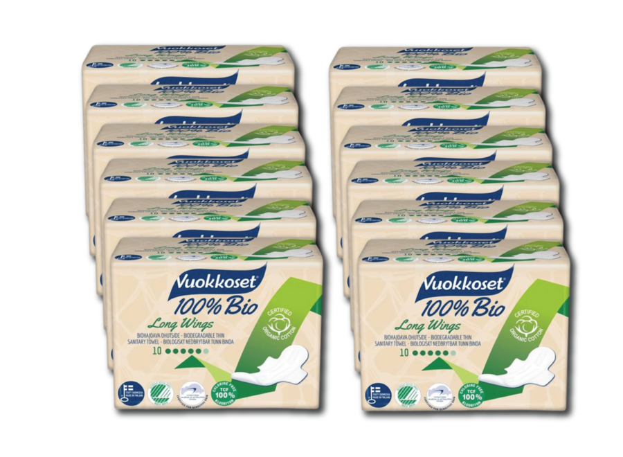 Value package - Vuokkoset extra long sanitary pads with wings - 100% organic 12x10 pieces