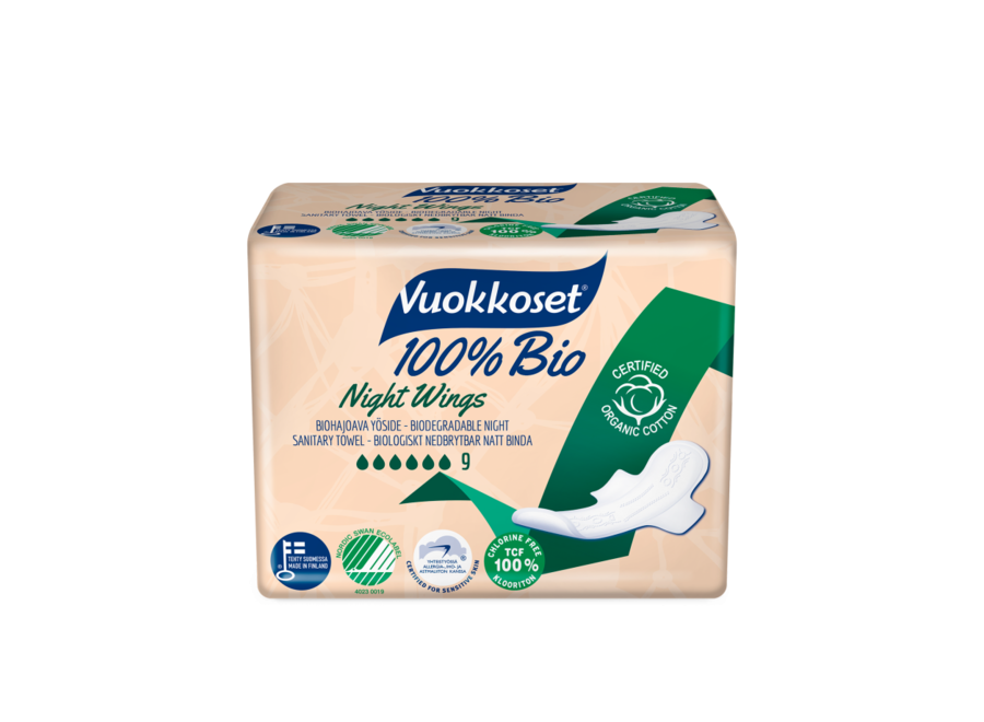 Value package - Vuokkoset night sanitary pads with wings - 100% organic - 12 x 9 pieces