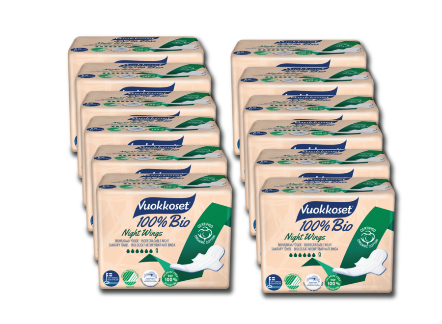 Value package - Vuokkoset night sanitary pads with wings - 100% organic - 12 x 9 pieces