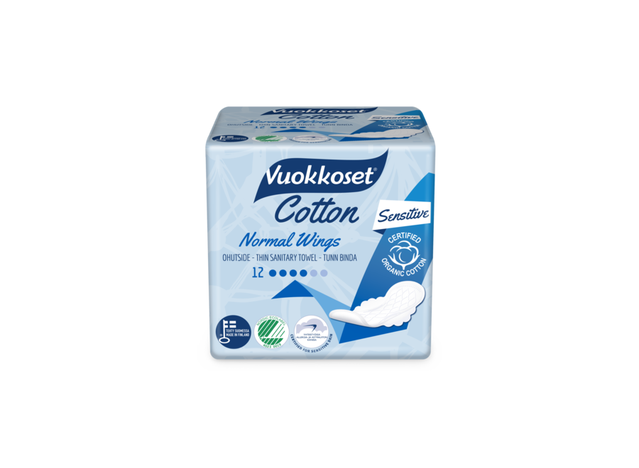 Pack économique - Serviettes hygiéniques Vuokkoset normales avec ailes 12 x 12 pièces - Confort et sécurité en coton organique certifié