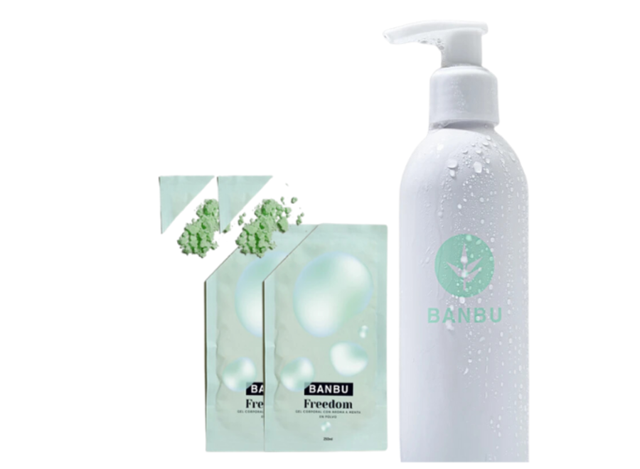 Gel douche en poudre & Bouteille réutilisable - 2 pièces - Menthe - Freedom - 500 ML - Créez facilement votre propre gel douche avec Banbu