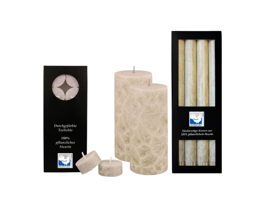 Tea lights + Pillar candles & stick candles – Plantbased stearin – Different colours