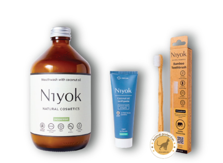 Animal-Lover's Combo: Niyok Coconut Oil Mouthwash 500 ml + Toothpaste and Brush