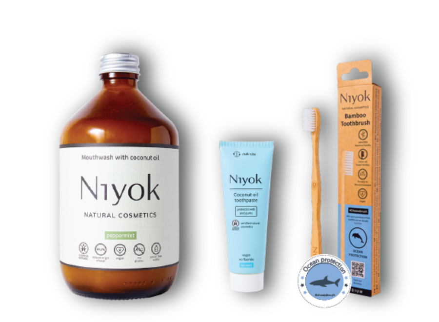 Ocean Breeze Refreshment Kit: Niyok Coconut Oil Mouthwash 500 ml + Toothpaste, Toothbrush