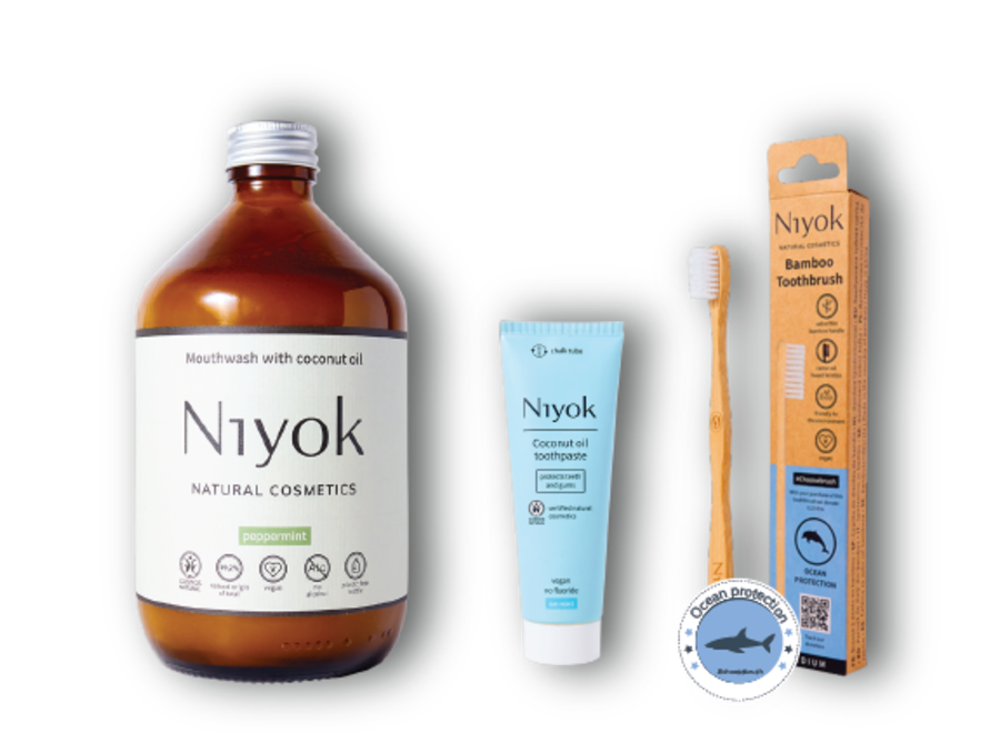 Pack de Rafraîchissement Zeebries : Bain de bouche à l'huile de coco Niyok 500 ml + Dentifrice, Brosse à dents