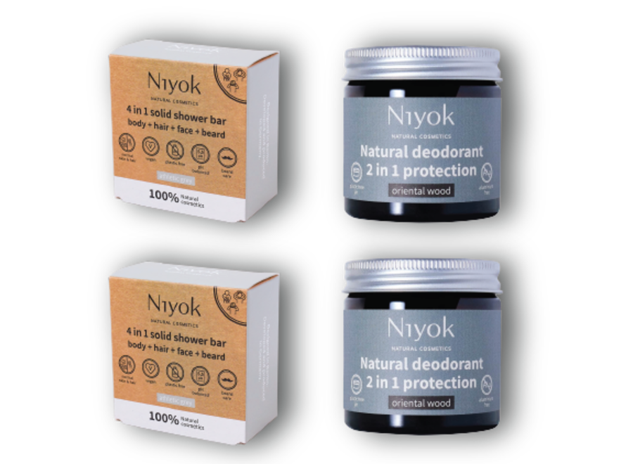 Ultimate Grooming Duo: 2x Niyok 4-in-1 Shower Bar + 2x Natural Deodorant in Oriental Wood Scent