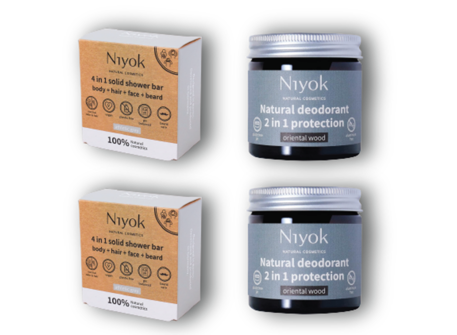 Ultiem Verzorgingsduo: 2x Niyok 4-in-1 Douchezeepstaaf + 2x Natuurlijke Deodorant met Oosterse Houtgeur