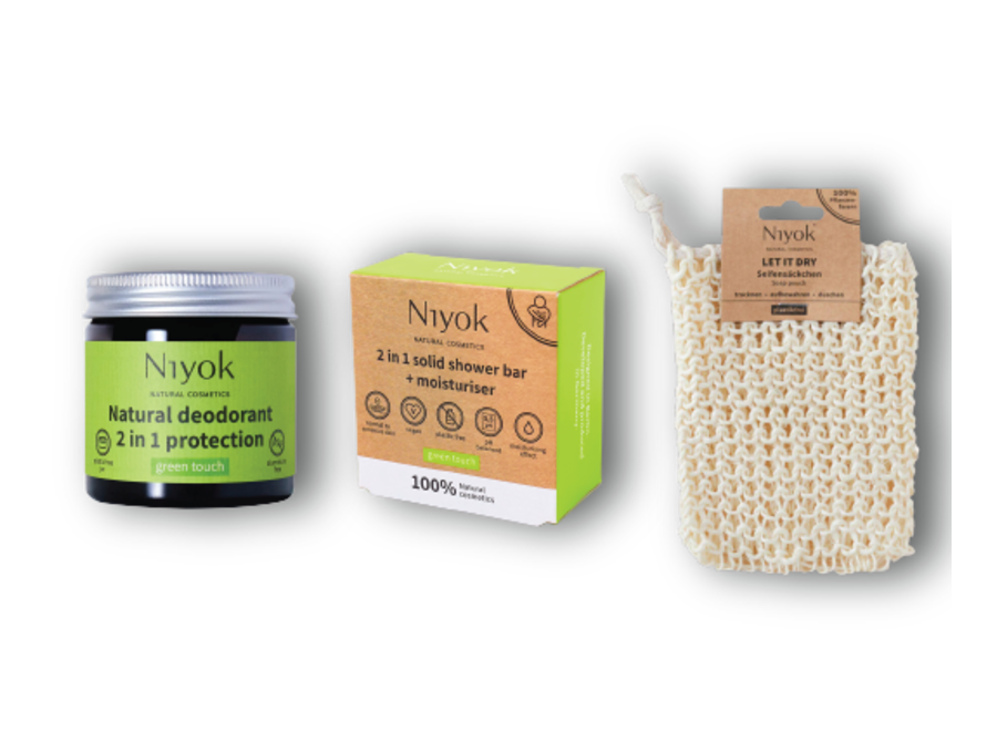 Green Touch Grooming Delight: Niyok Natural Deodorant, Shower Bar, Moisturizer, and Sisal Bag