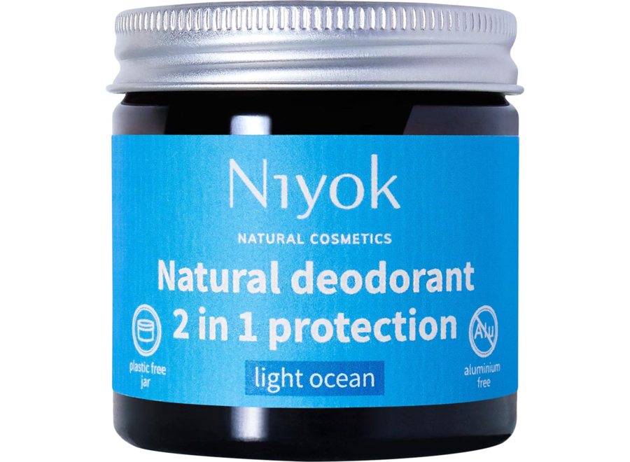 Set van Lichtblauwe Sereniteit: Niyok Natuurlijke Deodorant, Douchezeepstaaf, Gevoelige Moisturizer en Sisal Zak