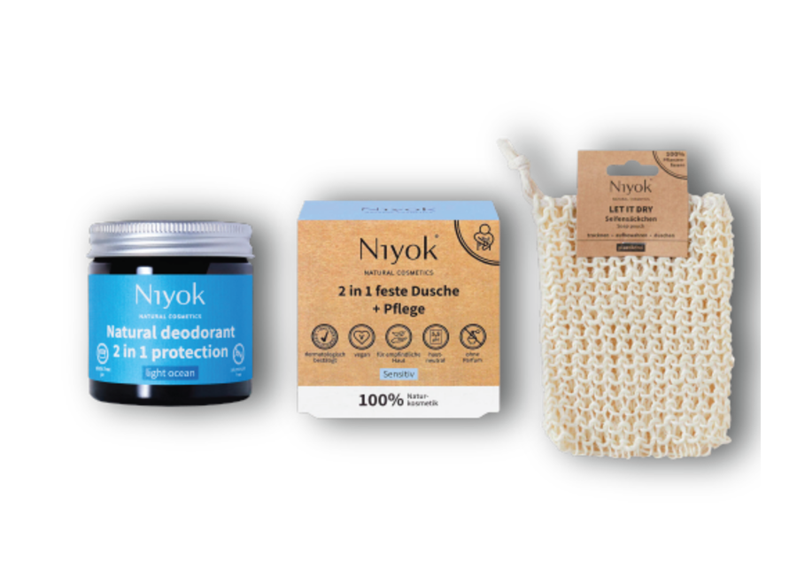 Light Ocean Serenity Set: Niyok Natural Deodorant, Shower Bar, Sensitive Moisturizer, and Sisal Bag