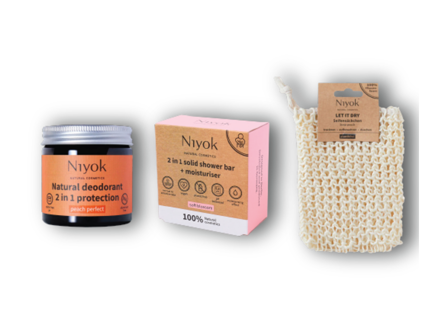 Peach Perfect Schoonheidsset: Niyok Natuurlijke Deodorant, Douchezeepstaaf, Soft Blossom Moisturizer en Sisal Zak
