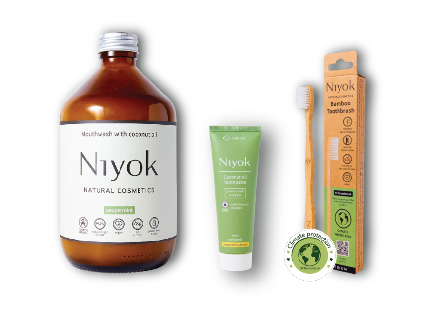Milieuvriendelijke Benodigdheden: Niyok Kokosolie Mondwater 500 ml + Tandpasta en Tandenborstel
