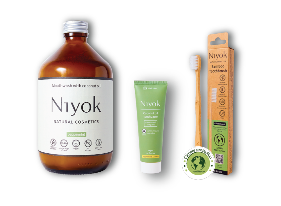 Produits écologiques : Niyok Bain de Bouche à l'Huile de Coco 500 ml + Dentifrice et Brosse à Dents