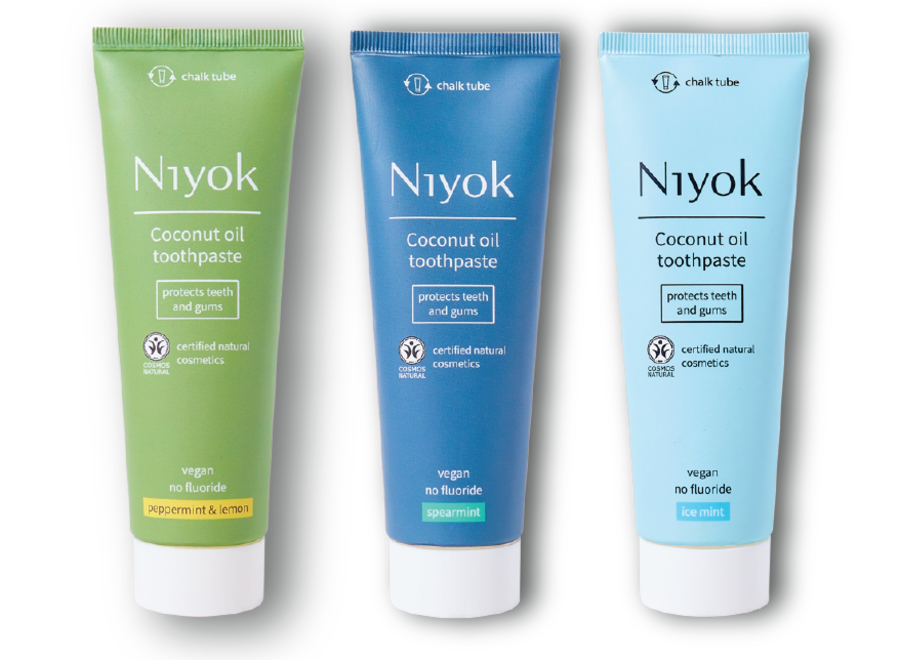 Pack de Variété Vreugde : 3x Dentifrice à l'Huile de Coco Niyok en Menthe & Citron, Menthe Verte et Menthe Glacée - Sourire Éclatant et Soin Naturel