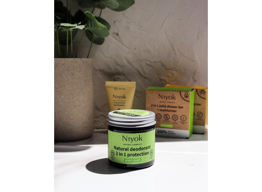 Green Touch Grooming Delight: Niyok Natural Deodorant, Shower Bar, Moisturizer, and Sisal Bag