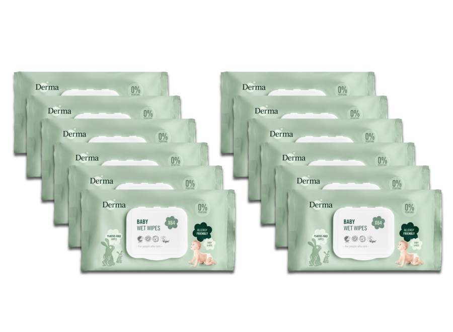 Lingettes Bébé Derma Eco - 12 x 64 lingettes - Douceur et Écologie pour la Peau de Bébé