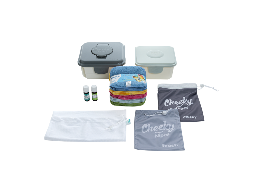 Cheeky Wipes Premium All-in-One Set Bambus – Waschbare Babytücher – Graue Box – Weiß oder Regenbogenfarben
