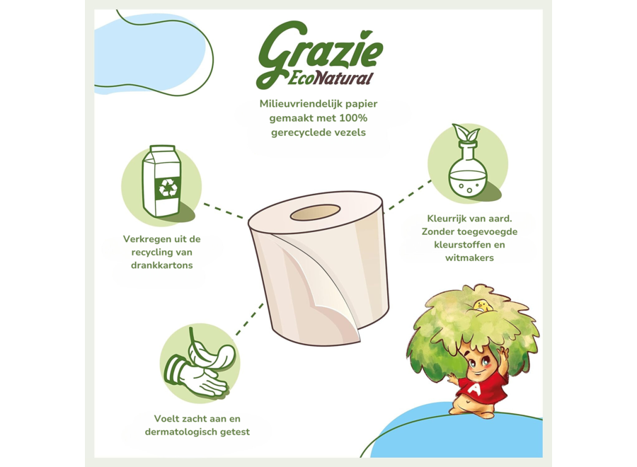 Grazie - Toilettenpapier - Natural - 8 Rollen - Ungebleicht - Aus recyceltem Getränkekarton