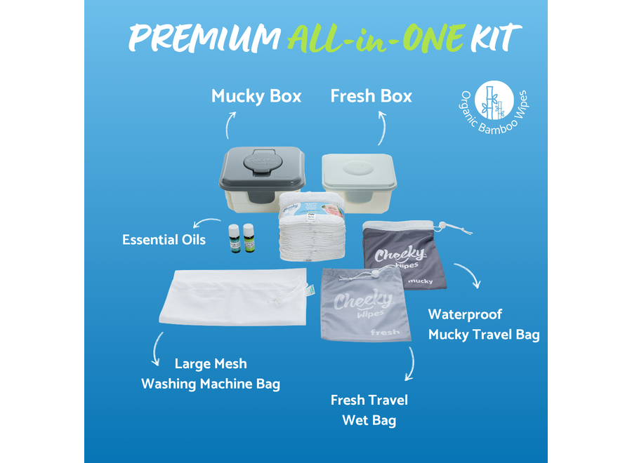 Cheeky Wipes Premium Kit Tout-en-Un Bambou - Lingettes Bébé Lavables - Boîte Grise - Blanche ou Arc-en-ciel