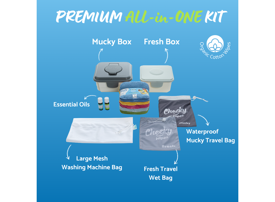 Cheeky Wipes Premium All-in-One Set aus Bio-Baumwolle – Waschbare Babytücher – Graue Box – Weiß oder Regenbogenfarben