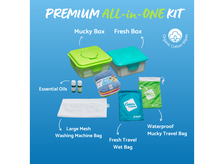Cheeky Wipes Premium All-in-One Set aus Bio-Baumwolle – Waschbare Babytücher – Blaue Box – Weiß oder Regenbogenfarben
