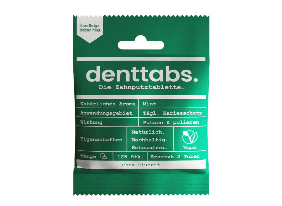 DENTTABS - Tandpastatabletten - Mint - ohne Fluorid + Zahnbürste - Bambus - Extra weich - 100% plastikfrei - Kompostierbare Verpackung