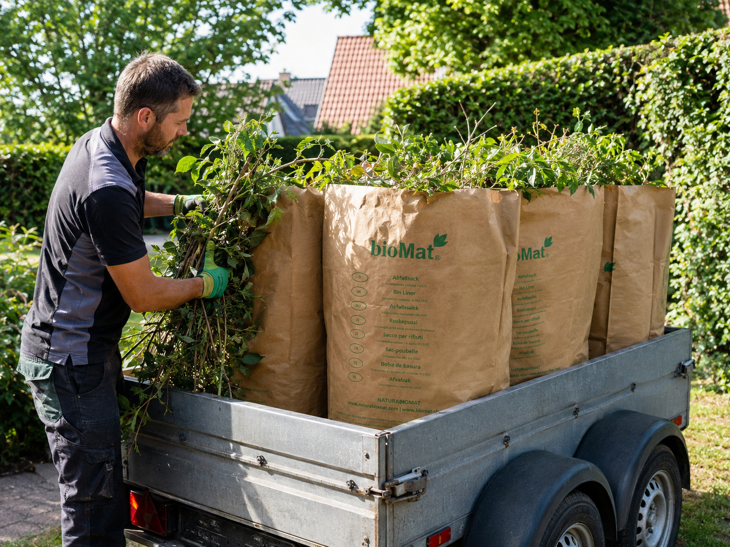 Gevulde papieren zakken op de aanhanger