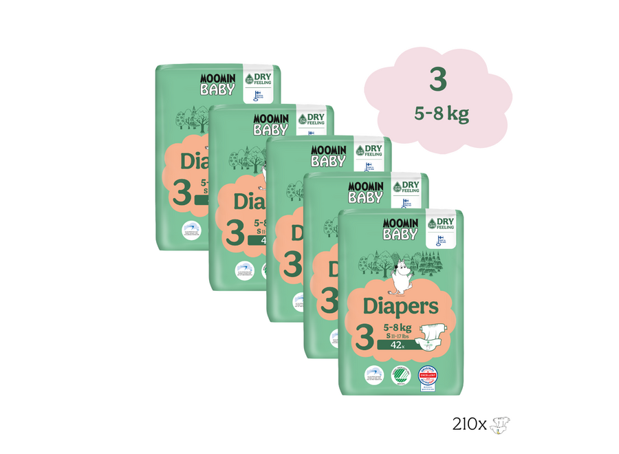 Couches jetables écologiques Moomin Baby - Boîte mensuelle de 210 couches - Taille 3 - 5 à 8 kg