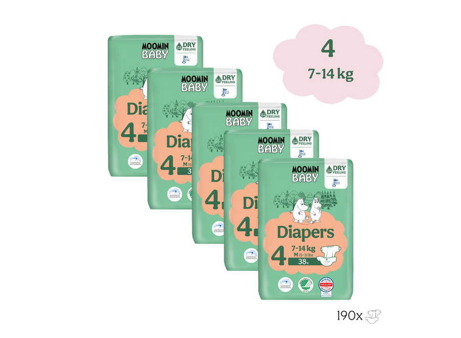 Couches écologiques Moomin Baby - Taille 4 - 7 à 14 kg - Boîte mensuelle de 190 pièces
