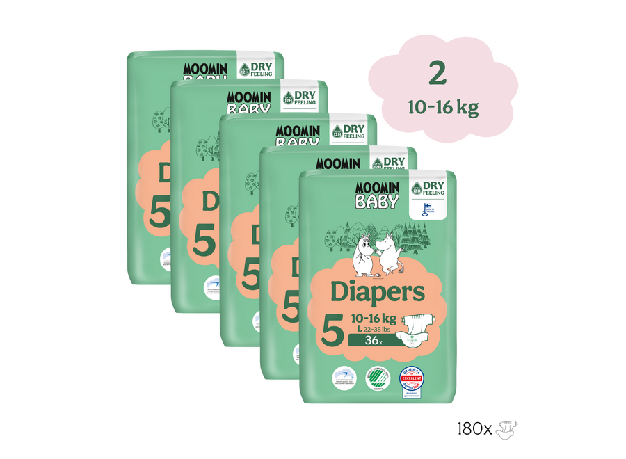 Couches jetables écologiques Moomin Baby - Boîte mensuelle de 180 couches - Taille 5 - 10 à 16 kg