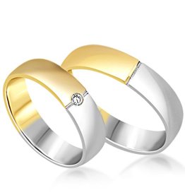 18 karat white and yellow gold wedding rings with matt and shiny finish with 0.03 ct diamond